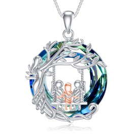 TOUPOP Gifts for Mom Mothers 3 Daughter Son Necklace Sterling Silver Family Tree of Life Pendant Blue Crystal Jewelry Birthday Christmas Gifts for Women Grandma