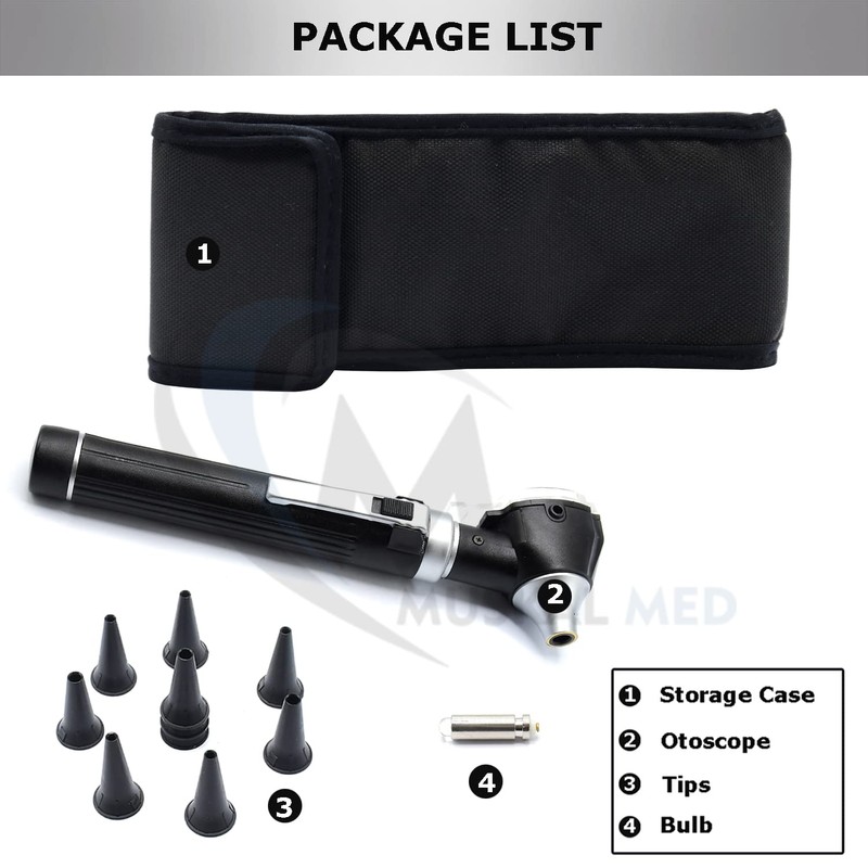 MuskalMed Compact Fiber Optic Otoscope with 9 Tips & Plastic