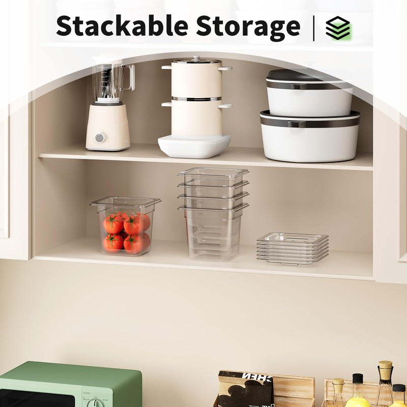 FORITRUE 1/6 6'' 6 Pack Plastic Food Pans With Lids,
