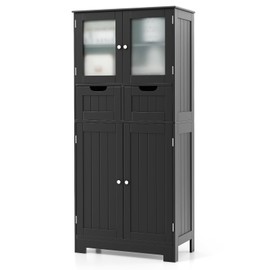 LOKO Bathroom Floor Cabinet, Storage Organizer with Glass Doors, Wooden Kitchen Cupboard with Adjustable Shelf for Living Room (Floor Cabinet with 2 Additional Drawers, Black)
