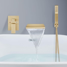 Aolemi Wall Mount Bathtub Faucet Bath Tub Faucet Set Waterfall Tub Filler with Handheld Sprayer Single Handle Solid Brass Rough-in Valve,with Bevel Angle Spout,Brushed Gold