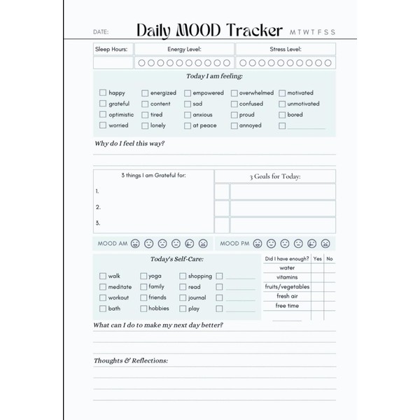 Daily Mood Tracker: Daily Emotional Wellness, Gratitude & Self-Care Planner
