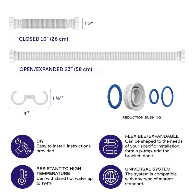 Flexible P-Trap for 1-1/2" Drain Pipes (White - 24 Inch