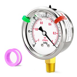 BOGERDACK -30inHG-0psi Stainless Steel Glycerin Liquid Filled Vacuum Pressure Gauge 1/4" NPT 2.5" Face Dial Center Lower Mount, for Water, Oil and Air Pressure Testing (with Range Mark Pointer)