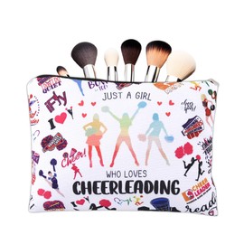 JUST A GIRL WHO LOVES Makeup Bags Pouch Cheerleader Gifts for Girl Women Coach Birthday Party Favor Cheerleading Cheer Stuff Accessory Canvas Cosmetic Skincare Zipper Bag for Travel Storage