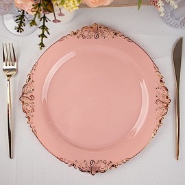 Balsa Circle 10 Dusty Rose Round 10" Disposable Plastic Salad Dinner Plates Gold Embossed Baroque Trim Party Events Reception Decorations Supplies
