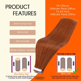 Full Shine Copper Tape in Human Hair Extensions Color 550 Hair Extensions Tape in 14Inch Orange Red Remy Seamless Skin Weft 50Gram 20Pcs Natural Invisible Extension for Wedding