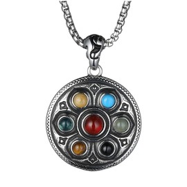 HIJONES Men's Stainless Steel Vintage Gothic Buddhist Tibetan Lotus 7 Chakra Gemstone Pendant Necklace