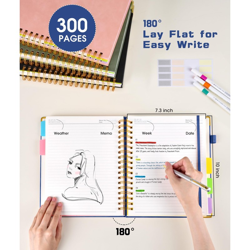 Hardcover Spiral Notebook journal with Removable Dividers Tabs, 300 Pages