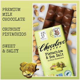 Chocolove Pistachios & Sea Salt in Milk Chocolate Bars | 33% Cocoa | Made with Creamy Chocolate | Sustainably Sourced, Non-GMO, 3.2 oz Bar (12 Pack)