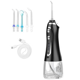 Cordless Rechargeable Water Dental Flosser - 5 Modes & 5 Nozzles, IPX7 Waterproof, 10.14oz Tank, Portable Oral Irrigator for Teeth Cleaning, Plaque Removal, and Gum Health (Black)