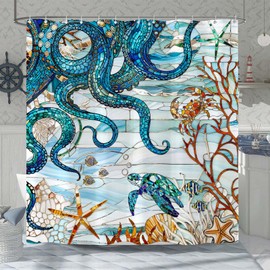 Kanuyee Octopus Shower Curtain Stained Glass Shower Curtain Blue Shower Curtains for Bathroom Ocean Shower Curtain Set with 12 Hooks Octopus1 72×72 Inches