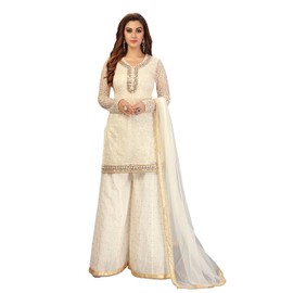 TRENDMALLS Women's Cotton Embroidery Kurta Plazzo Suit Set Stitched (UKTM.G63-Offwhite-XXL)