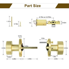 Privacy Door Knob with Lock, Interior Satin Brass Door Locks for Bedroom and Bathroom, Heavy Duty Door Handle Keyless Doorknob with Round Ball, Gold Door Knob Lock