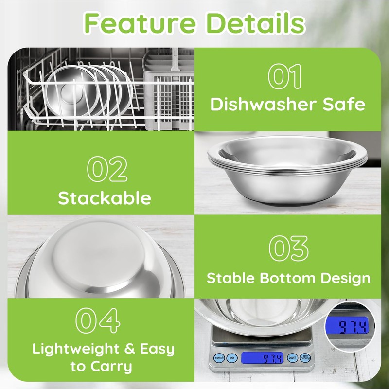 Offiper 304(18/8) Stainless Steel Mixing Bowls for Kitchen, 4 Pack