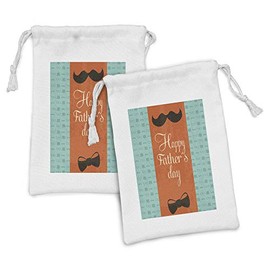 Lunarable Mustache Fabric Pouch Set of 2, Happy Fathers Day Message on a Pattern of Horn-Rimmed Glasses Top Hat and Bow Tie, Small Drawstring Bag for Toiletries Masks and Favors, 9" x 6", Multicolor