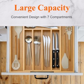 Large Bamboo Kitchen Utensil Drawer Organizer Expandable Flatware Silverware Tray Adjustable Cutlery Drawer Organizer Divider Insert Wood Silverware Utensil Holder Tray Spoon and Fork Organizer