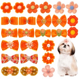 26 Pcs Orange Small Dog Hair Bows Cute Puppy Dog Bowknot Hair Bow Bulk with Rubber Bands Elastic Lace Rhinestone Pearls Hair Ties Mix Style Handmade Grooming Flower Topknot Ball Bows Accessories