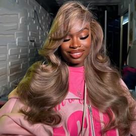 Orijodie Mocha Brown Blonde 13×4 HD Lace Front Wig Human Hair 180% Density Body Wave Ash Brown Lace Wig Pre Plucked Real Ultra Full Brazilian Hair Milk Tea Colored Wig for Women 24Inch