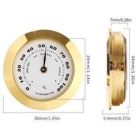 Golden Upgraded Hygrometer Humidity Meter Mini 38mm Round Glass Analog Hygrometer Suitable for Humidors Guitar Violin Hygrometer Thermometer Hygrometer Hygrometer for Weather Hygrometer with Probe