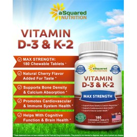aSquared Nutrition Vitamin D3 with K2 Supplement-180 Chewable Tablets, Max Strength D-3 Cholecalciferol & K-2 MK7 to Support Healthy Bones, Teeth, Heart -Antioxidant D3 & K2 MK-7 Energy Formula Adults