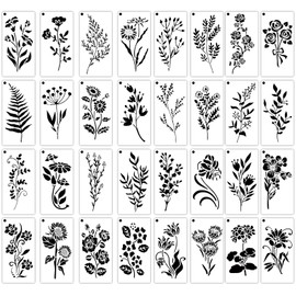 32pcs Wildflower Stencils for Painting, Botanical Flower Stencils Reusable Floral Leaf Plant Drawing Templates with Ring for Furniture Canvas Wood DIY Craft Wall Art