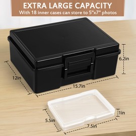 Photo Storage Box 5 x 7 Inches, 18 Inner Extra Large Photo Boxes With Dividers, Acid-Free Photo Storage Containers, Seed Organizer Craft Storage Box for Photos, Crafts, Stamps etc (Black+Clear)