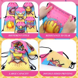 Sunnymove 12 Pcs Ice Cream Drip Softball Drawstring Bag with Handle 7.5'' x 10'' Softball Drip Goodie Bag Bulk Ice Cream Party Favors Sport Themed Team Birthday Party Supply for Treat Candy Snack