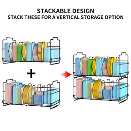 Set of 2 Stackable Food Container Lid Organizer, Adjustable Metal Lid Storage Shelf for Kitchen, 4 Dividers Detachable Lid Organiser Rack for Cabinets, Cupboards, Pantry Shelves, Drawers, Black