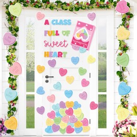 JarThenaAMCS Valentine's Day Classroom Door Decoration Candy Hearts Bulletin Board Set Conversation Heart Cutouts Door Sign for School Classroom Wall Door Welcome Decor