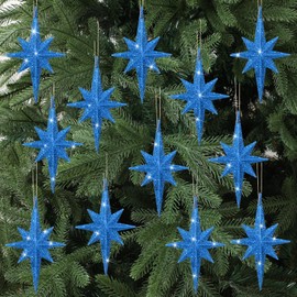 Quzzil 12 Pcs Christmas Bethlehem Star Ornament 4.72 x 2.95 Inch Star of Bethlehem Christmas Tree Topper Glitter Ornament Plastic Nativity Stars Hanging Decor Accessories(Blue)