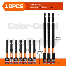 Geinxurn Impact Nut Driver Set, 10 Pieces 2.56”6”Long 1/4”6 Point Alloy Steel Magnetic SAE Nut Setter Set Use For Require Installing 1/4 Hex Shank Impact Driver with Case Box
