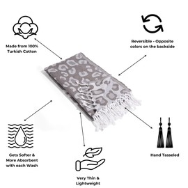 InfuseZen Turkish Bath & Beach Towel – Reversible Leopard Design - Turkish Cotton - Soft, Lightweight, Absorbent Peshtemal, Quick Dry, Sand Free – for Pool, Gym, Throw, Travel - Gray