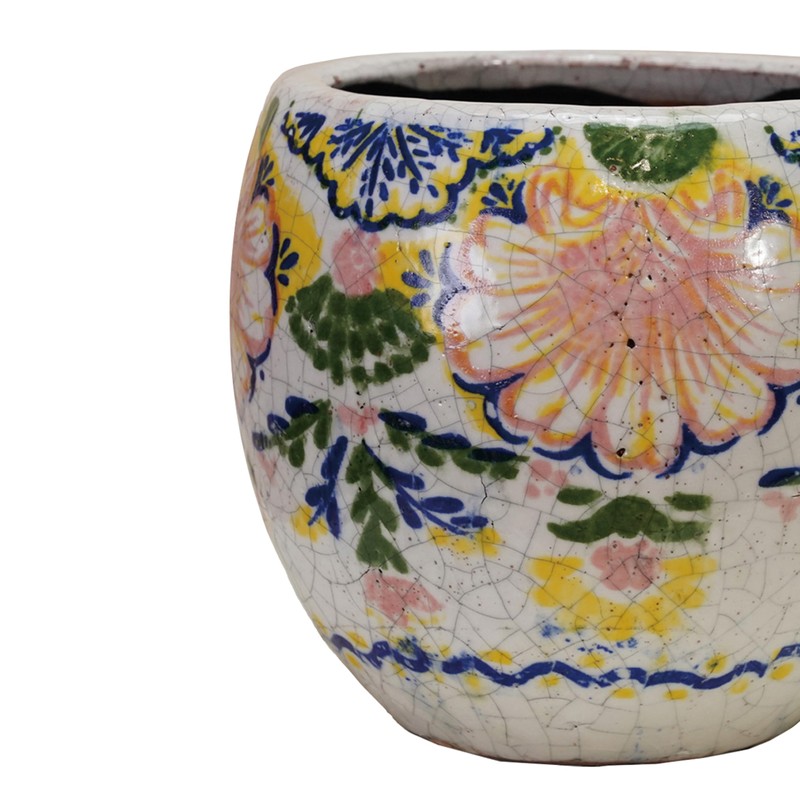 Creative Co-Op Terra-Cotta Planter with Floral Pattern, Crackle Glaze, Multicolor