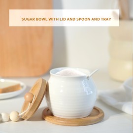 SDALI HOME Sugar Bowl with Lid and Spoon,White Ceramic Sugar Container With Bamboo Lid and Tray,Dia 3.4'' H 4''|12oz
