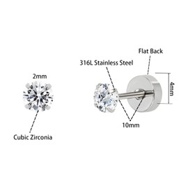 Sweetkiki Silver Stud Earrings for Women 2MM Surgical Steel Cubic Zirconia Earrings Studs Flat Back Small Earrings for Lobe Cartilage Helix Set of 7 Pairs (Silver - 2mm)