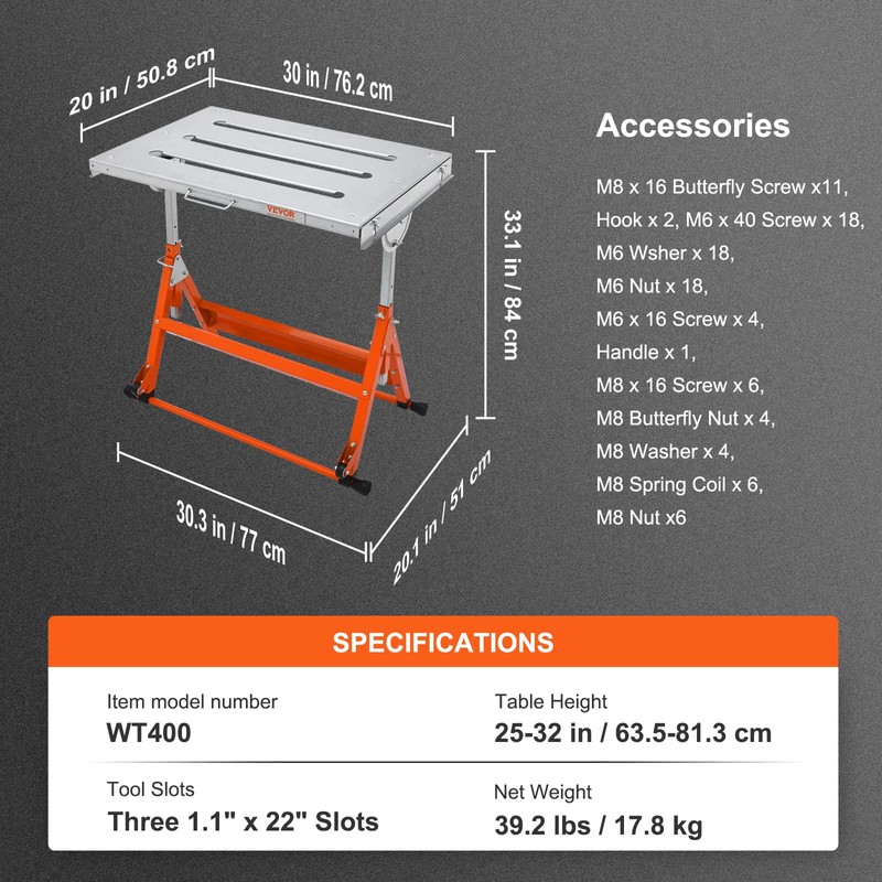 VEVOR Welding Table Foldable 30"x20", Welding Workbench Table 400lbs Load