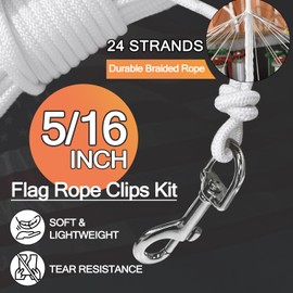 Upgraded Flag Pole Rope Clips Kit 100Ft,5/16” Flag Halyard Rope with Sturdy Swivel Snap Hooks,Heavy Duty Utility Rope for Pet Camping Tent Hardware Accessories Flagpole Line Replacement Set (100ft)