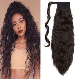Long Ponytail Hair Extensions for Women 20-26 inches Curly Wrap Around Ponytail Corn Wave Ponytail Magic Paste Hairpiece 20 Inches - Dark Brown