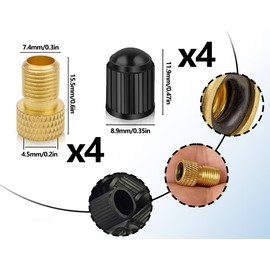 KAPSING Bicycle Valve Adapter Set, 4 Brass Valve Adapters and 4 Black Valve Caps, Valve Adapter for Bicycles, E-Bikes and E-Scooter