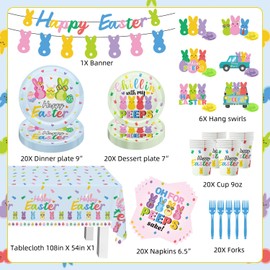 124pcs Easter Party Decorations Set Include Happy Easter Banner Chillin with My Paper Plates and Napkins,Paper Cups,Plastic Tablecloth and Forks,Hanging Swirls, for 20 Guests