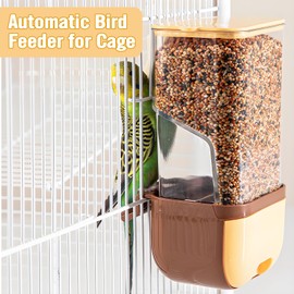 BNOSDM Automatic Bird Feeder No Mess Bird Cage Feeders Parrot Cage Accessories Transparent Seed Food Container with Perch for Finches, Parakeets, Budgies, Lovebirds, Cockatoos, Canaries (Brown)
