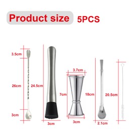 NIYATA 5Pcs Cocktail Muddler and Spoon Set,Cocktail Muddler and Jigger,Stainless Steel Cocktail Muddler,with 1 Mixing Spoon,1 Measuring Jigger,1 Straw and 1 Cleaning Brush for Crafting Mojitos