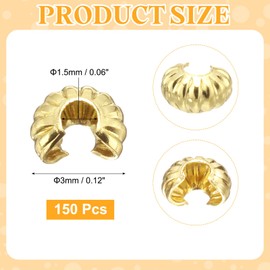 sourcing map 150 Pcs Crimp Bead Covers, 3mm/0.12" Half Round Open Crimp Beads Knot Cover, Metal Small Loose Beads End Tip Caps for Craft DIY, Gold