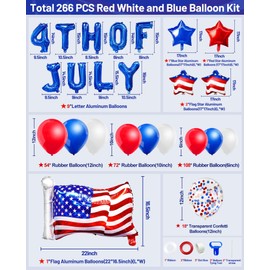 AMENON 266 Pcs Red White and Blue Balloons Garland Arch Kit, 4th of July Patriotic Balloons Decorations,USA Flag Stars Round Glitter Balloons Arch for Independence Day Patriotic Party Decor