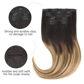 HOTBANANA Human Hair Clip in Hair Extensions, Dark Brown to Chestnut Brown and Dirty Blonde Highlighted 120g Clip in Hair Extensions Real Human Hair Straight Remy Hair 22 Inch 7pcs