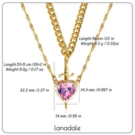 Lanadale Pink Heart Sword Matching Necklaces for Couples Him and Her, Gold Plated Stainless Steel Chain Friendship Necklace for Women Men BFF Necklaces for 2 Valentines Day Gift Gothic Jewelry