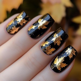Black Press on Nails Square Medium Fall Fake Nails Gold Glitter Maple Leaf False Nails Full Cover Stick on Nails Acrylic Autumn Maple Leaves Artificial Nails for Women Glue on Nails 24 Pcs