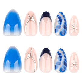Blue Press on Nails Medium Almond Fake Nails French Tip False Nails Gold Star Glossy Acrylic Full Cover Tortoise Glue on Nails Reusable Stick on Nail for Women Art Decoration 24Pcs