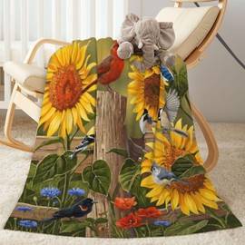 Gbuzozie Rustic Flowers and Birds Fleece Blanket Lightweight Ultra-Soft Cardinal and Sunflowers Throw Blanket for Sofa Couch Bed Camping Travel - Super Soft Cozy Microfiber Blanket 50"X40"